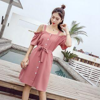 Short-sleeve Cold-shoulder Buttoned Chiffon Dress With Sash