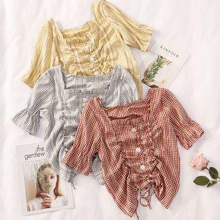 Square Neck Check Short-sleeve Drawstring Top