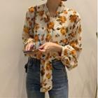 Flower Print Tie-neck Blouse As Shown In Figure - One Size