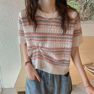 Short Sleeve Round Neck Striped Knit Crop Top