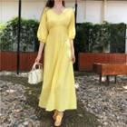 3/4-sleeve A-line Midi Dress Yellow - One Size