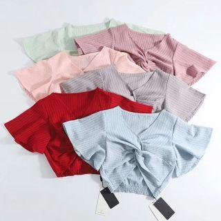 Short-sleeve Striped Twist-front Crop Top