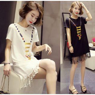 Printed Fringed Short Sleeve T-shirt Dress