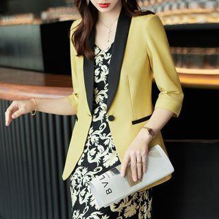 Contrast Lapel Blazer / Print Midi A-line Dress