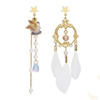 Non-matching Alloy Swan Faux Pearl Feather Dangle Earring