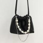 Faux Pearl Chain Faux Leather Crossbody Bag