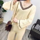 Set: Striped Trim Knit Top + Pants
