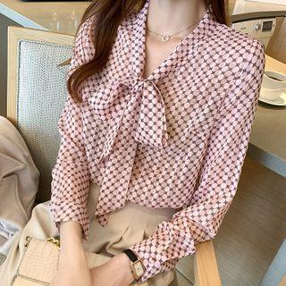Long-sleeve Tie Neck Pattern Blouse