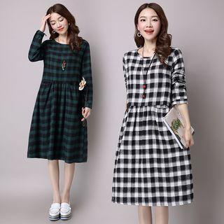 Gingham Long-sleeve Midi Dress