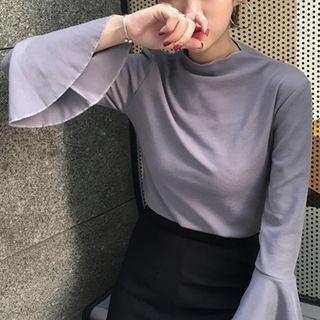 Mock-neck Flare-sleeve Knit Top