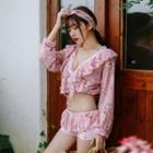 Set: Floral Print Bikini + Long-sleeve Ruffle Crop Top
