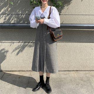 Doll-collar Blouse / Sleeveless Gingham Midi Dress