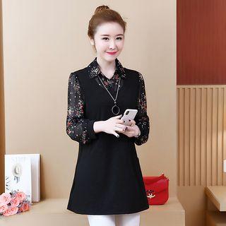Mock Two-piece Floral Long-sleeve A-line Dress