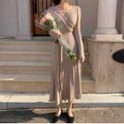 Long-sleeve Plain V-neck Knit Dress