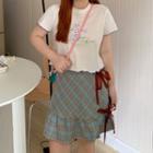 Short-sleeve Lettering Print Frill Trim T-shirt / Plaid Frill Trim Mini A-line Skirt