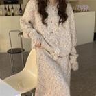 Long-sleeve Fringe Knit Cardigan Sweater / High-waist Knit Midi Skirt