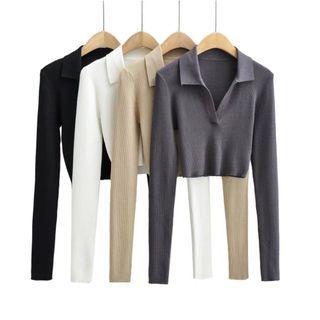 Plain Collared Long-sleeve Cropped Top