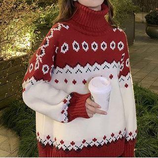 Turtleneck Patterned Sweater Red - One Size
