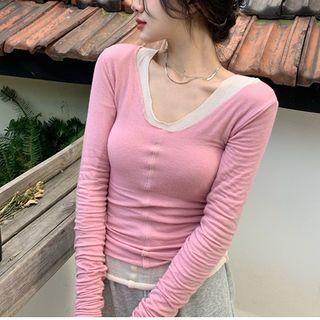 Long-sleeve V-neck Slim-fit Top