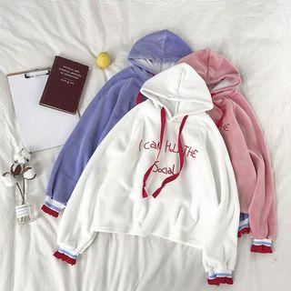 Lettering Embroidered Drawcord Velvet Long-sleeve Sweatshirt