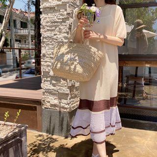 Round-neck Contrast-trim Knit Dress Cream - One Size