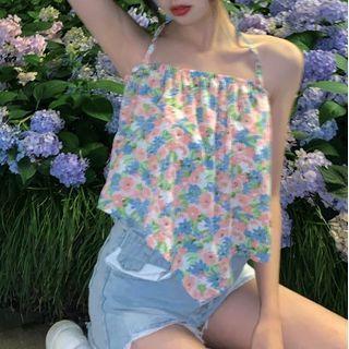 Halter Floral Camisole Top Floral - Green & Pink & Blue - One Size