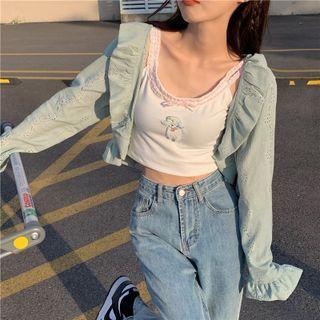 Print Camisole Crop Top / Plain Sheer Jacket