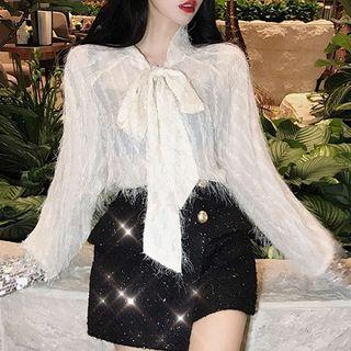 Bow Accent Fringed Blouse / High Waist Tweed Skort