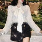 Bow Accent Fringed Blouse / High Waist Tweed Skort