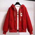 Lettering Applique Faux Shearling Hooded Jacket
