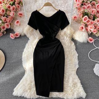 Short Sleeve Asymmetrical Slit Dress Black - One Size