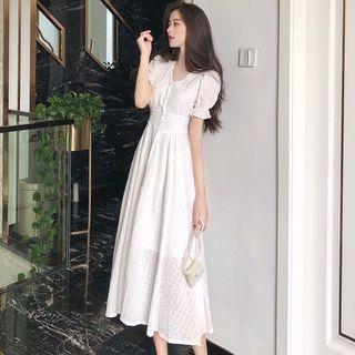 Puff Sleeve V-neck Midi A-line Dress