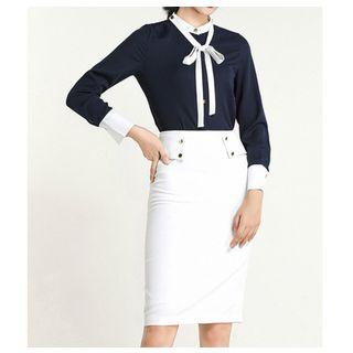 Set: Color Block Shirt + High Waist Pencil Skirt
