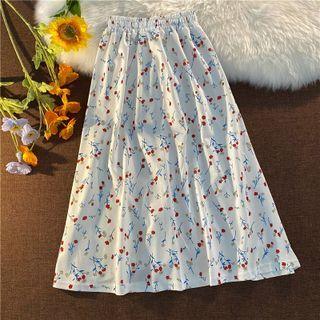 Floral Midi A-line Skirt 78025 - Red Floral - White - One Size
