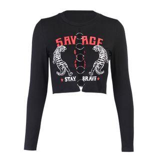 Long-sleeve Graphic Print Metal Ring Crop Top