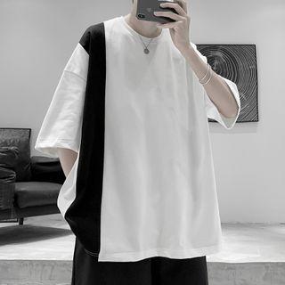 Color-block Elbow-sleeve Oversize Tee