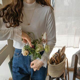 Mock-neck Lace-cuff Layered Top