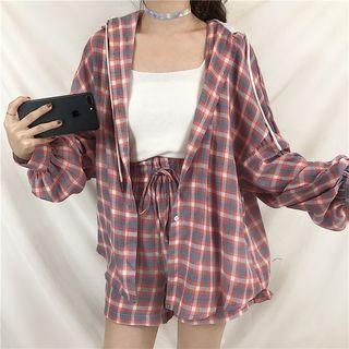 Set: Hooded Plaid Shirt + Plaid Shorts
