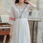 3/4-sleeve Embroidered Flower Trim A-line Midi Dress