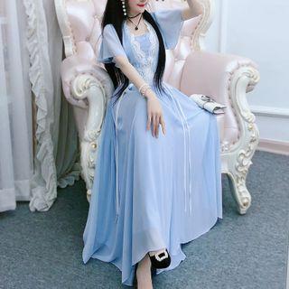 Short-sleeve Lace Trim V-neck Midi Dress
