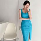 Sleeveless Shirred Slit-front Dress