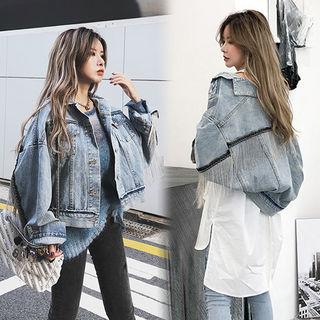 Fringe-trim Denim Jacket Blue - One Size