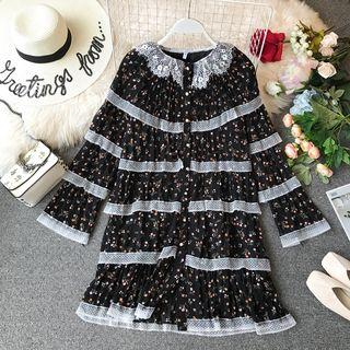 Long-sleeve Floral Print Lace Trim Chiffon Dress