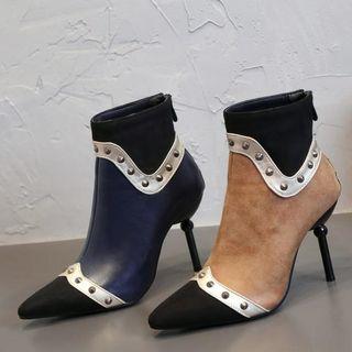 Pointed Studded Panel High Heel Ankle Boots