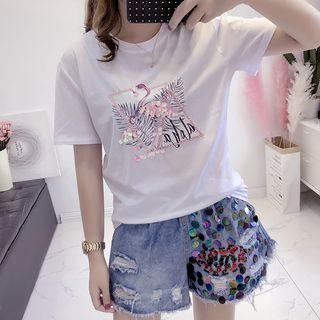 Short-sleeve Sequined Flamingo Print T-shirt