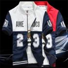Short-sleeve Color Block Letter Zip Jacket