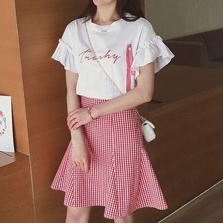 Set: Ruffled Short-sleeve T-shirt + Gingham Mermaid Skirt