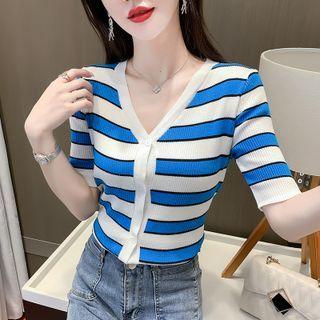 Short-sleeve Button-up Striped Knit Top Stripe - Blue & White - One Size