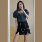 Short-sleeve Denim Blouse / Chain Detail A-line Mini Skirt