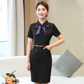 Collared Short-sleeve Mini Sheath Dress / Belt